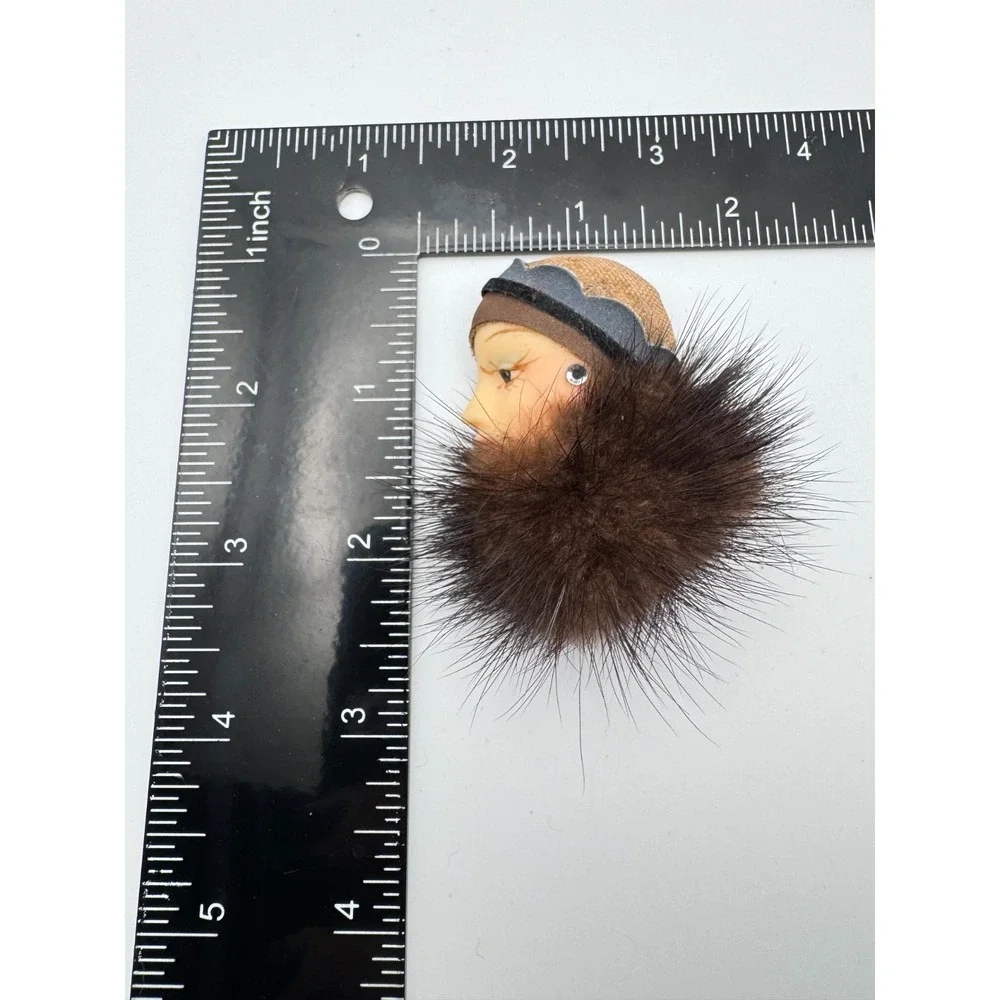 Vintage Face Pin Fur Trim Brown